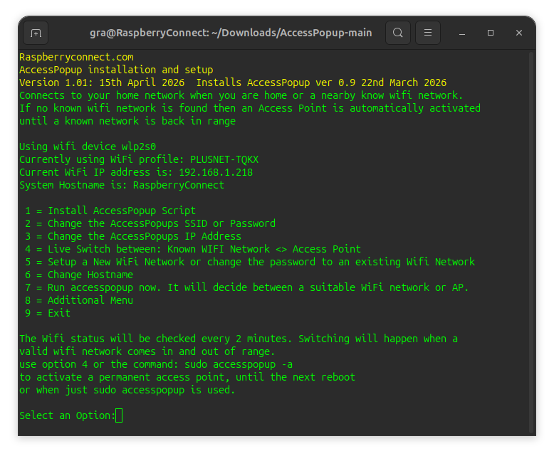 AccessPopup Installer and configuration menu